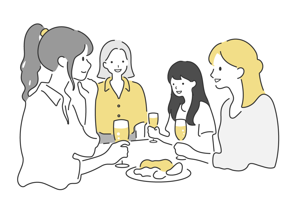 食事とお酒を楽しむ女性たちのイラスト