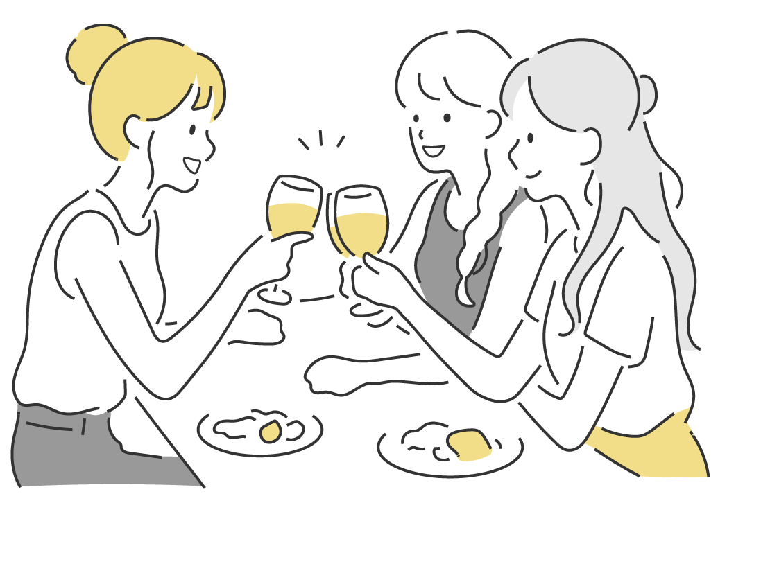 ワイングラスで乾杯する女性たちのイラスト